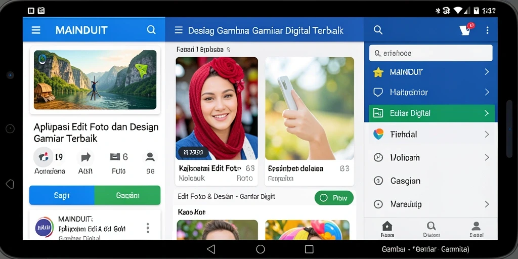 Antarmuka aplikasi MAINDUIT dengan berbagai fitur edit foto dan desain.